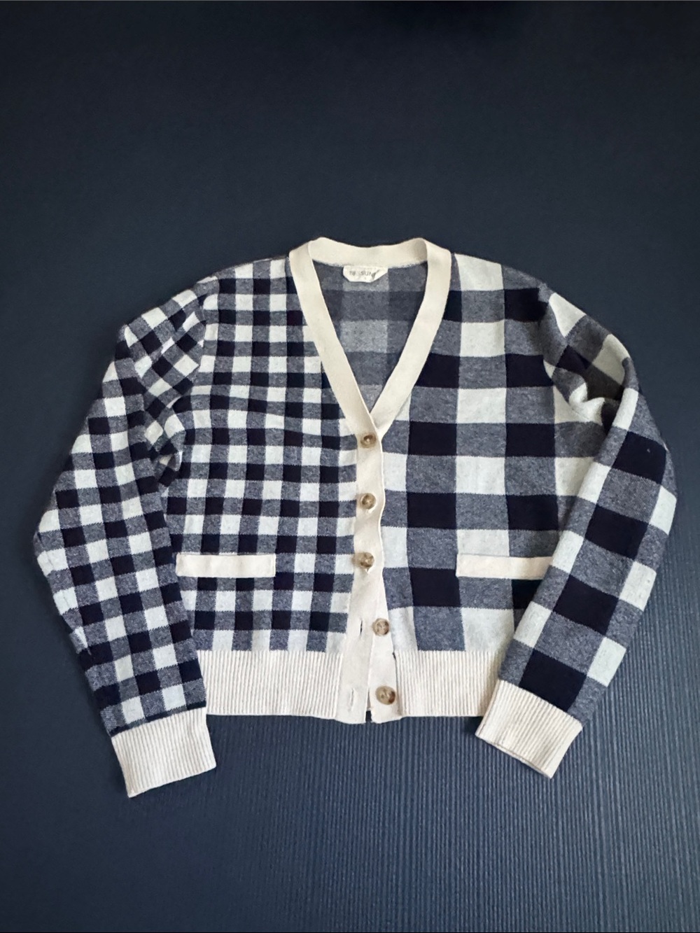 Checked V-Neck Cardigan Sweater in Cream and Navy, Large, 78 & Sunny
